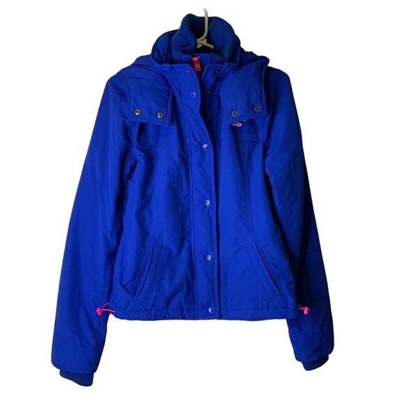 Hollister Other - Hollister Puff Hooded Winter Coat girls/teen size med blue trimmed with pink zip